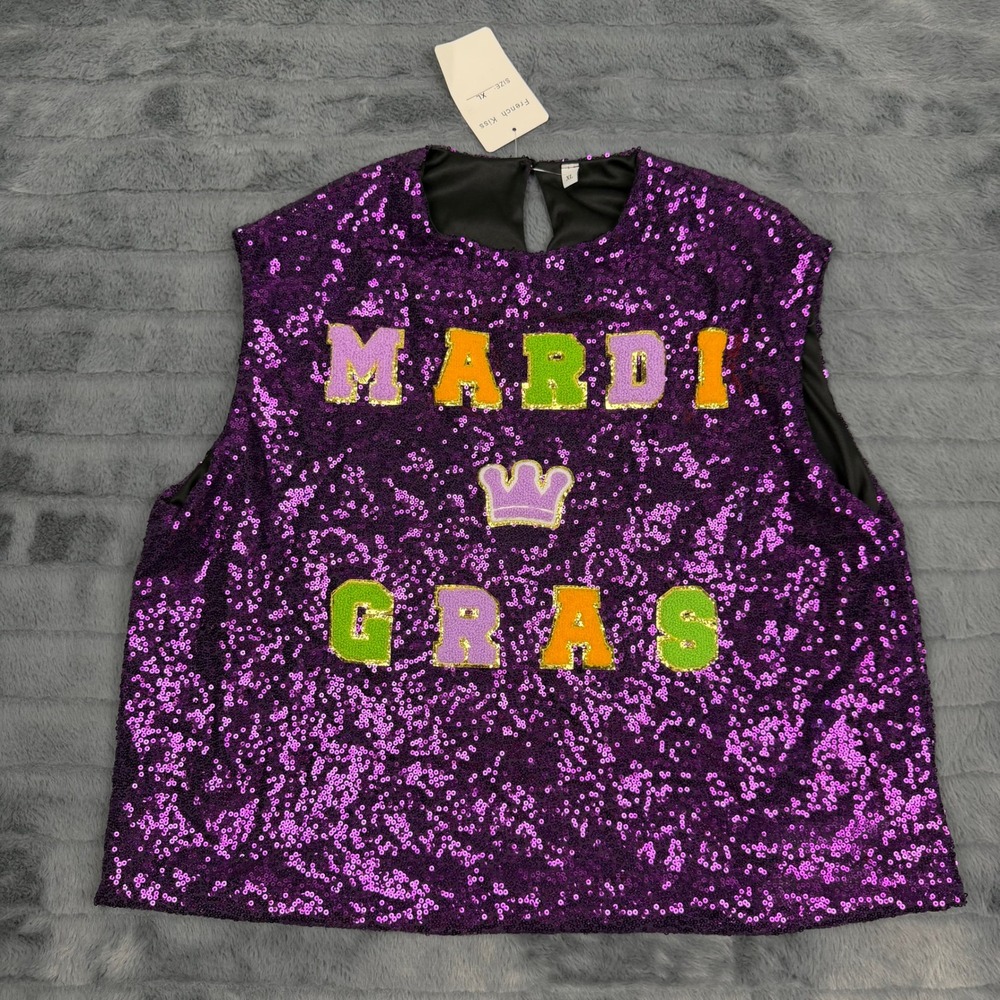 French Kiss Mardi Gras Sequin Top Purple Sleeveless Chenille Patch Blouse XL